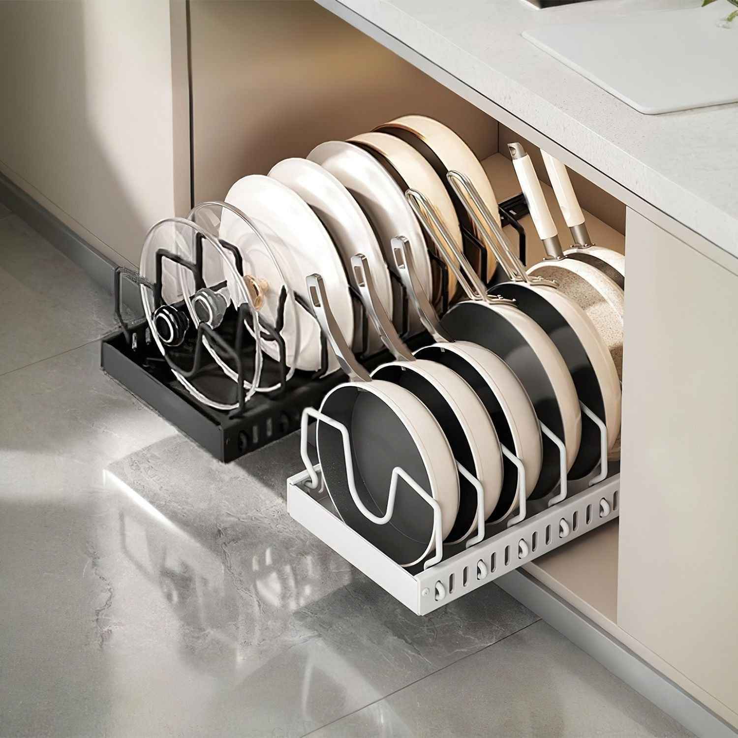 Pull Out Pots And Pans Organizer Under Cabinet With 8 Adjustable Dividers Rustproof Carbon Steel Sliding Pots Holder For Kitchen Cookware Bakeware Pots Lids Storage